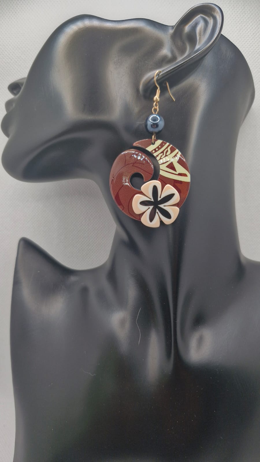 Boho Tropical Swirl Resin Earrings – Floral Crescent Drops with Hematite Bead