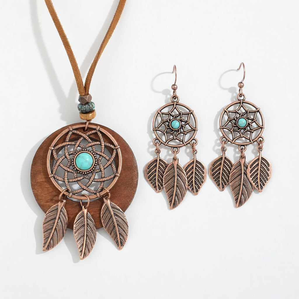Boho Dreamcatcher Jewellery Set – Turquoise Feather Necklace & Earrings on Leather Cord (Antique Bronze Plated)