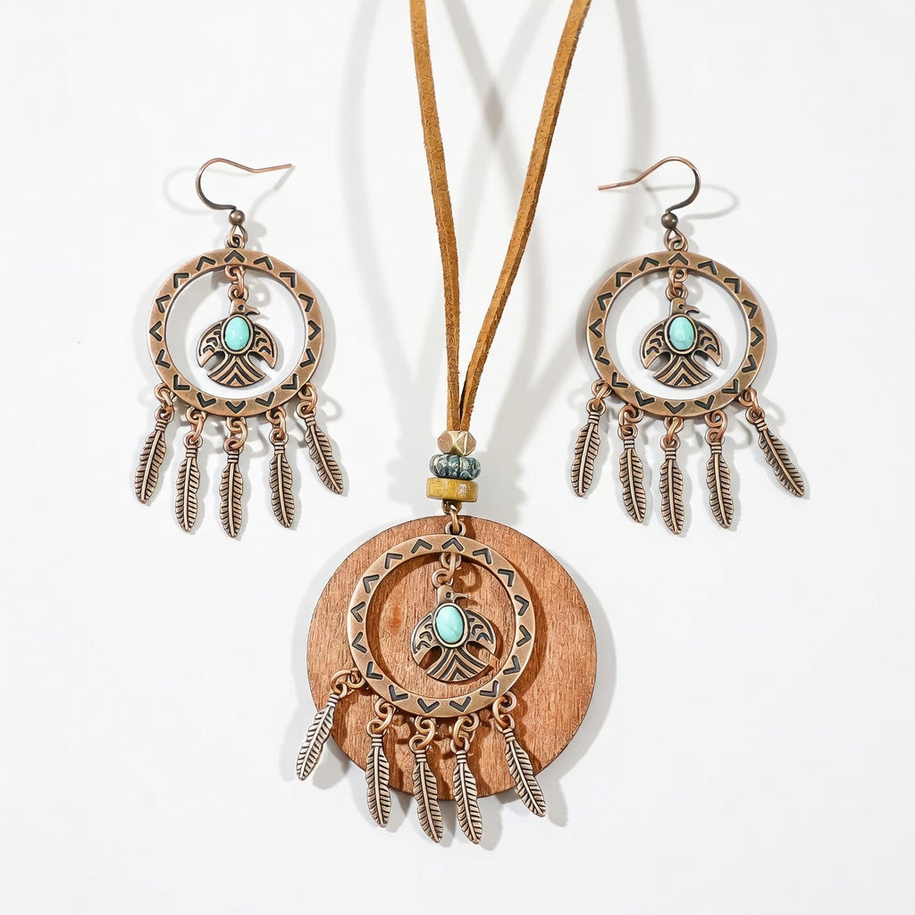 Boho Thunderbird Turquoise Jewellery Set – Feather Dreamcatcher Necklace & Earrings (Antique Bronze Plated)