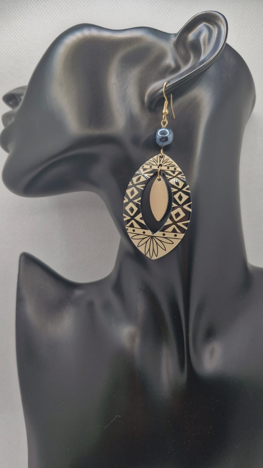 Boho Tribal Oval Drop Resin Earrings - Geometric Pattern & Hematite Bead Accent