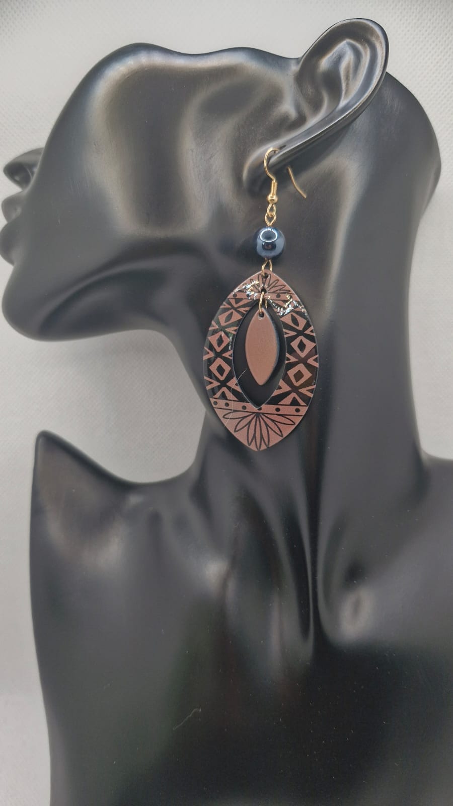 Boho Tribal Oval Drop Resin Earrings - Geometric Pattern & Hematite Bead Accent