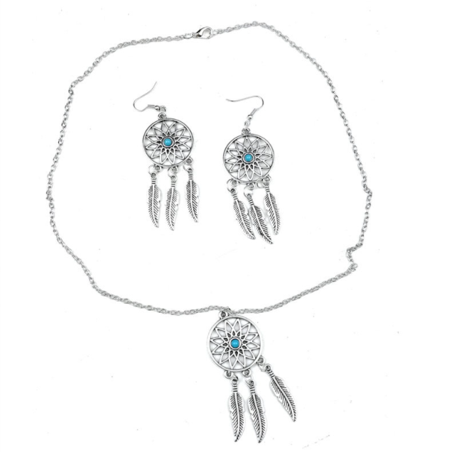 Boho Turquoise Dreamcatcher Jewellery Set – Silver Feather Necklace & Earrings