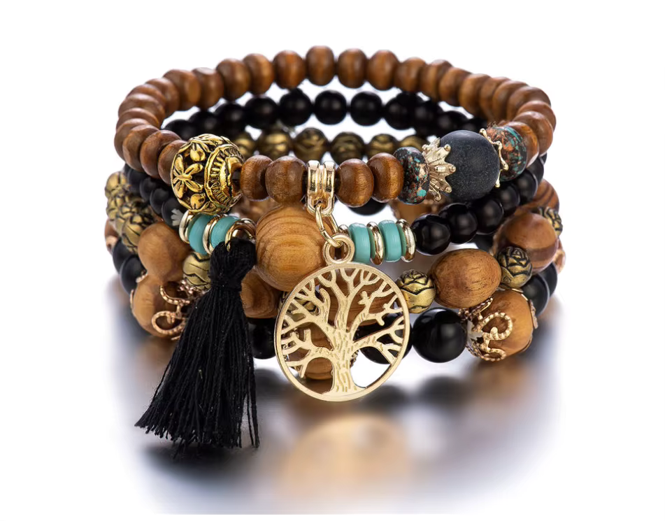 Boho Tree of Life Multi-Strand Bracelet – Wooden Beads & Tassel Stack