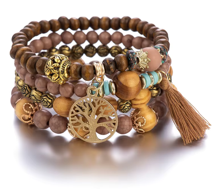 Boho Tree of Life Multi-Strand Bracelet – Wooden Beads & Tassel Stack