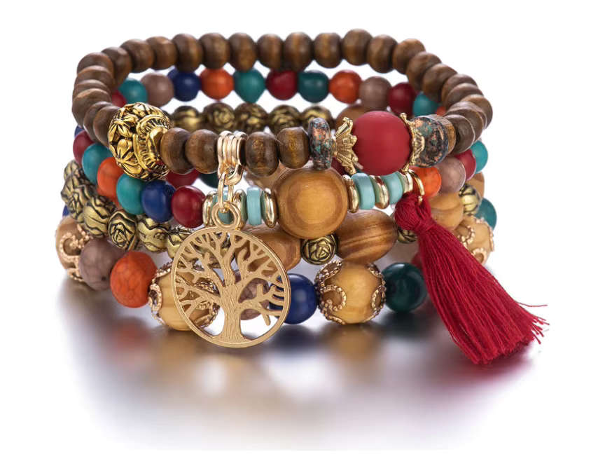 Boho Tree of Life Multi-Strand Bracelet – Wooden Beads & Tassel Stack