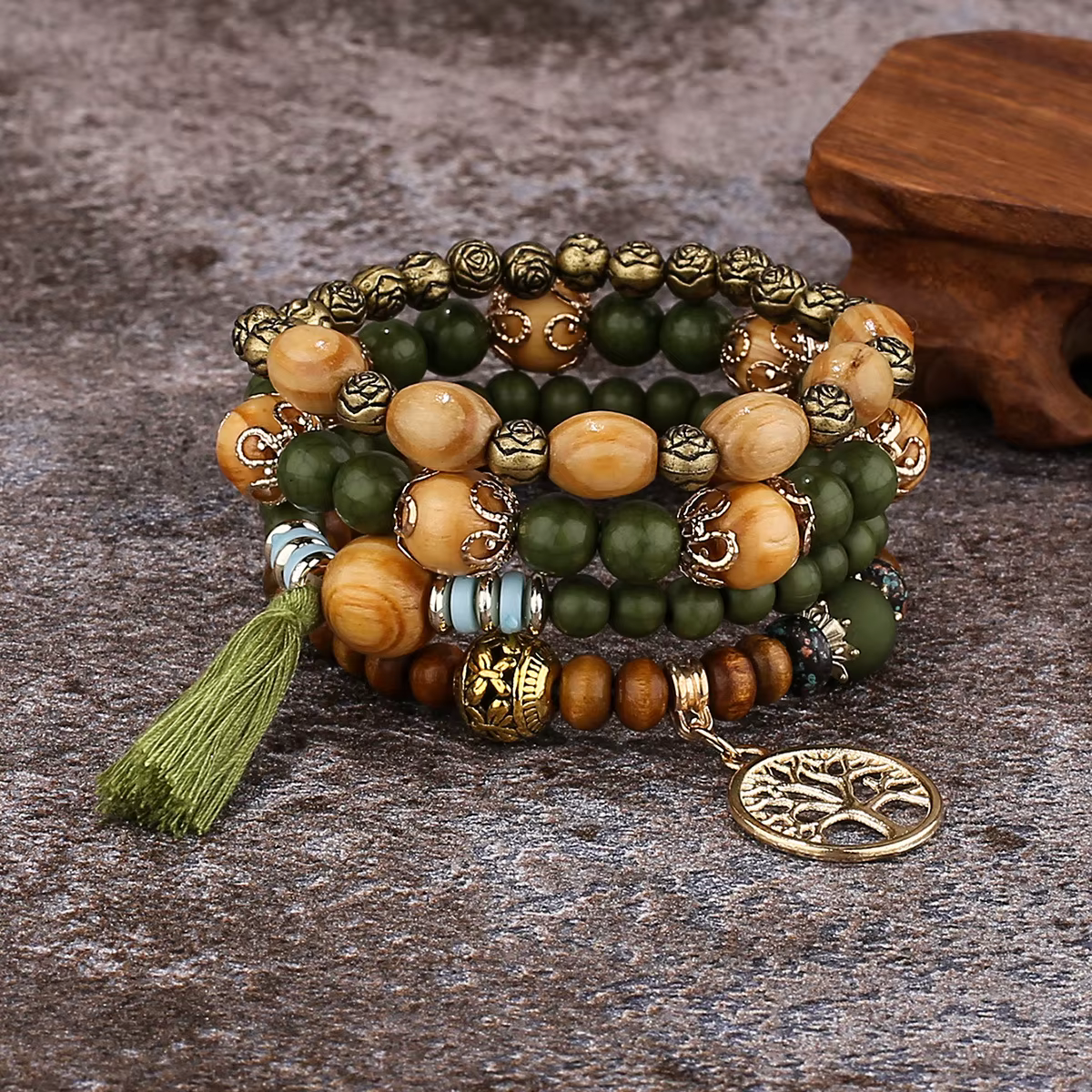 Boho Tree of Life Multi-Strand Bracelet – Wooden Beads & Tassel Stack