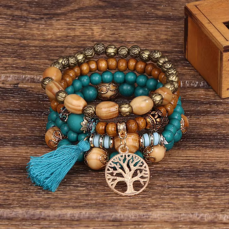 Boho Tree of Life Multi-Strand Bracelet – Wooden Beads & Tassel Stack