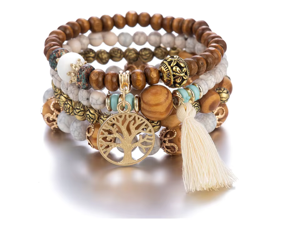 Boho Tree of Life Multi-Strand Bracelet – Wooden Beads & Tassel Stack