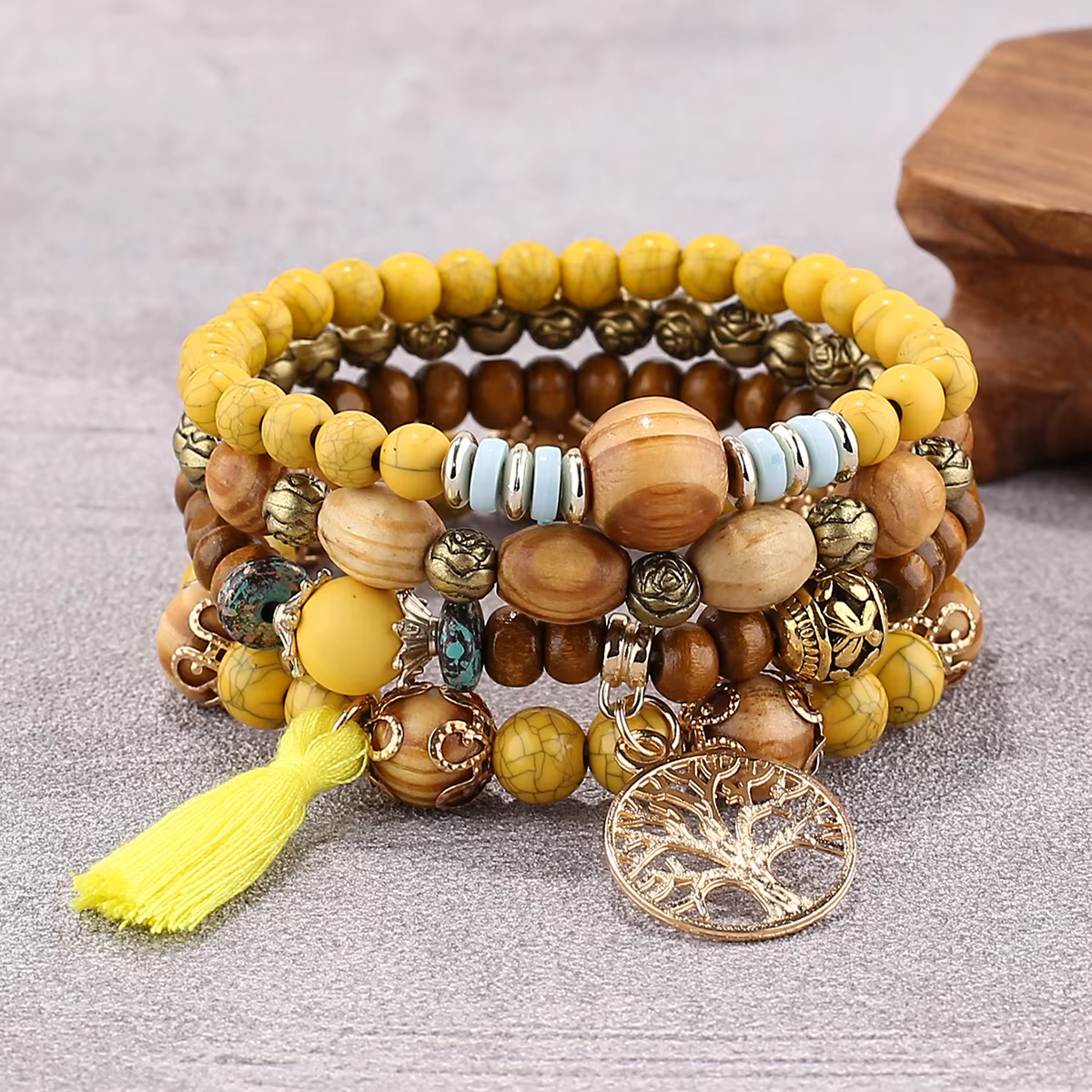 Boho Tree of Life Multi-Strand Bracelet – Wooden Beads & Tassel Stack