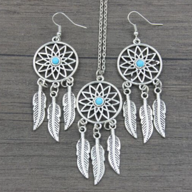 Boho Turquoise Dreamcatcher Jewellery Set – Silver Feather Necklace & Earrings