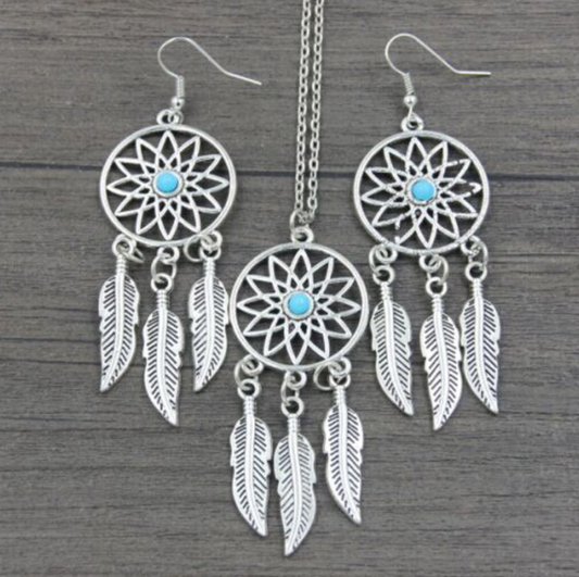 Boho Turquoise Dreamcatcher Jewellery Set – Silver Feather Necklace & Earrings
