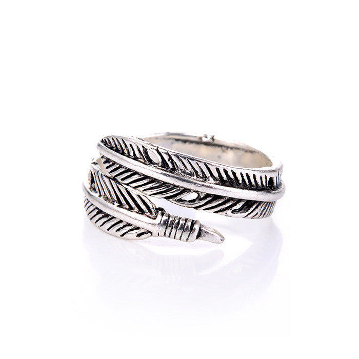 Silver Feather Wrap Boho Ring – Adjustable Twisted Feather Statement Band