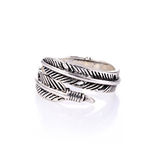 Silver Feather Wrap Boho Ring – Adjustable Twisted Feather Statement Band