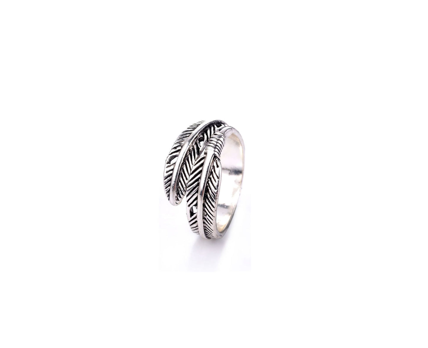 Silver Feather Wrap Boho Ring – Adjustable Twisted Feather Statement Band
