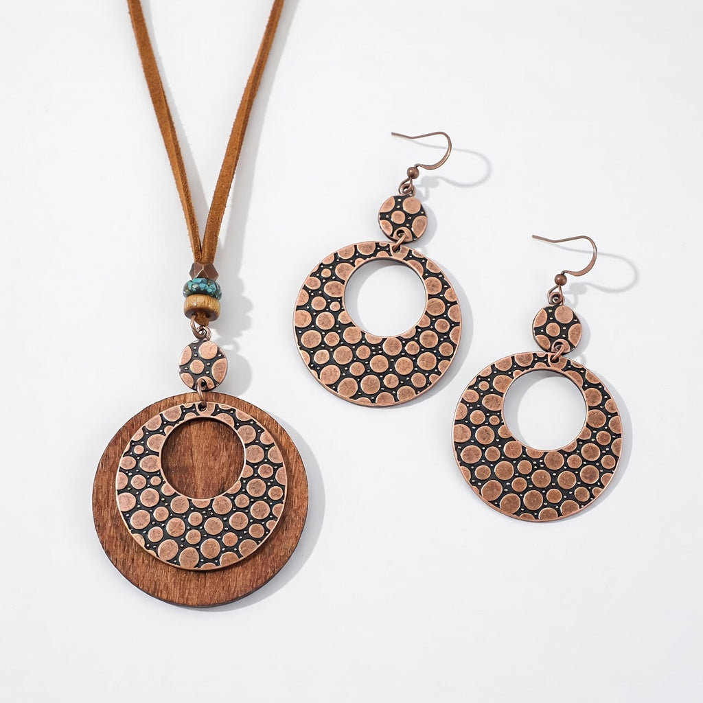 Boho Wooden Dot Circle Jewellery Set – Turquoise Accent Necklace & Drop Earrings (Antique Bronze Plated)