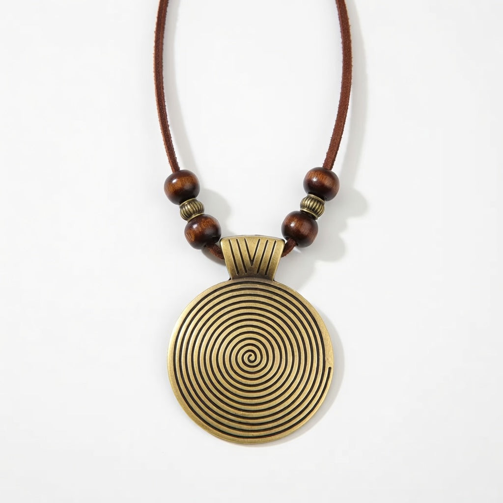 Vintage Style Spiral Boho Necklace – Labyrinth Circle Pendant in Bronze or Silver Tone