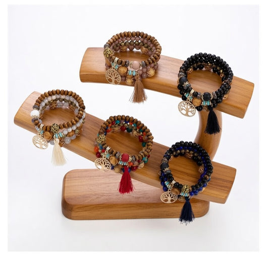 Boho Tree of Life Multi-Strand Bracelet – Wooden Beads & Tassel Stack
