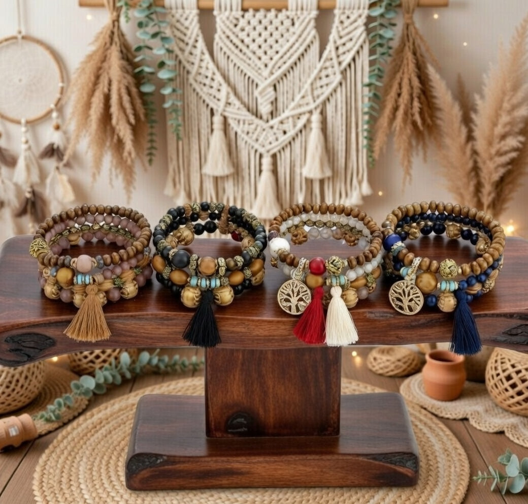 Boho Tree of Life Multi-Strand Bracelet – Wooden Beads & Tassel Stack