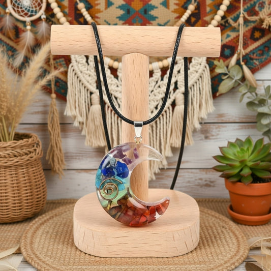 Boho Crescent Half Moon Resin Pendant on Black Cord
