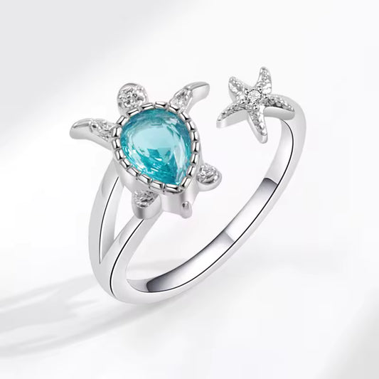 Silver Turtle Starfish Boho Ring – Adjustable Aqua Gem Sea Creature Ring