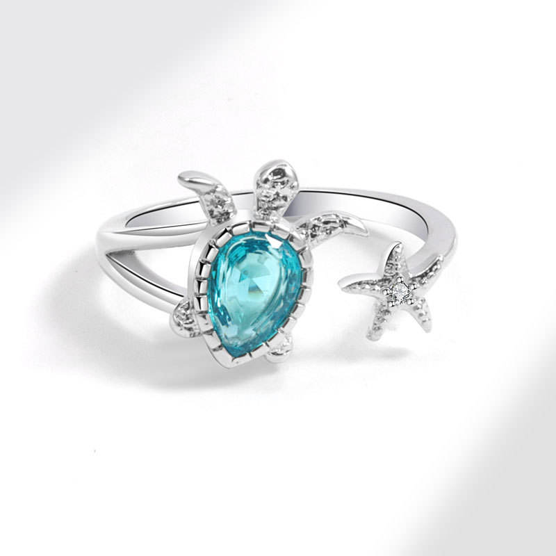 Silver Turtle Starfish Boho Ring – Adjustable Aqua Gem Sea Creature Ring