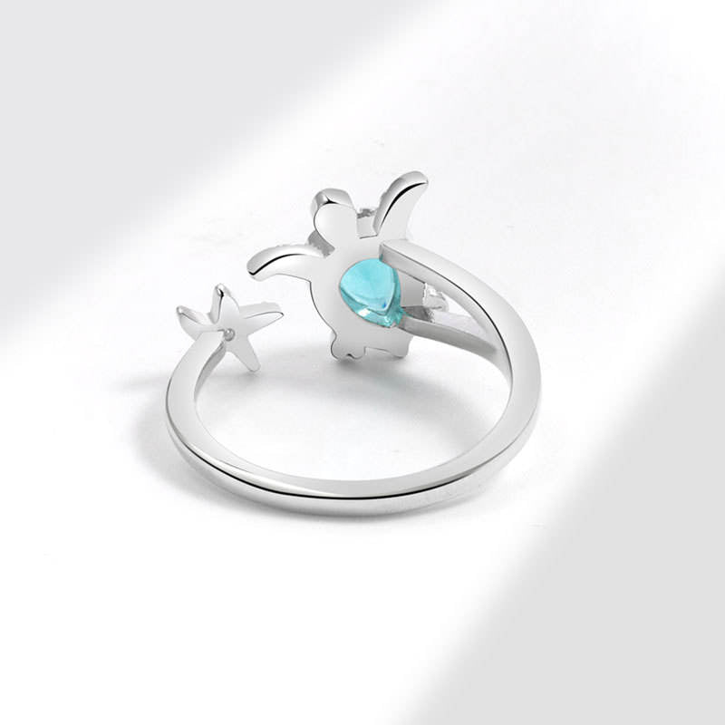 Silver Turtle Starfish Boho Ring – Adjustable Aqua Gem Sea Creature Ring