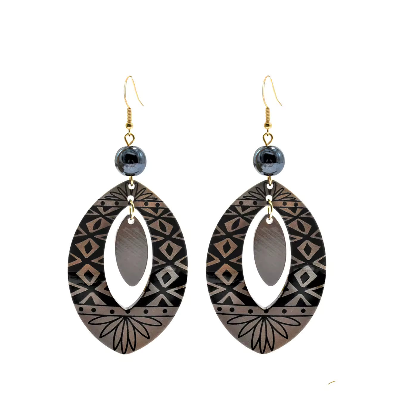 Boho Tribal Oval Drop Resin Earrings - Geometric Pattern & Hematite Bead Accent