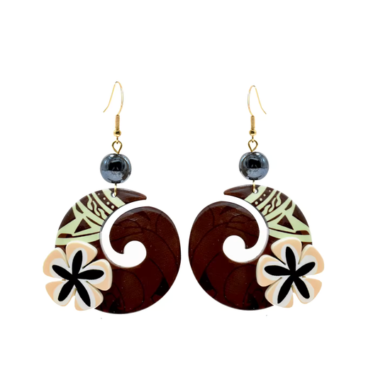 Boho Tropical Swirl Resin Earrings – Floral Crescent Drops with Hematite Bead