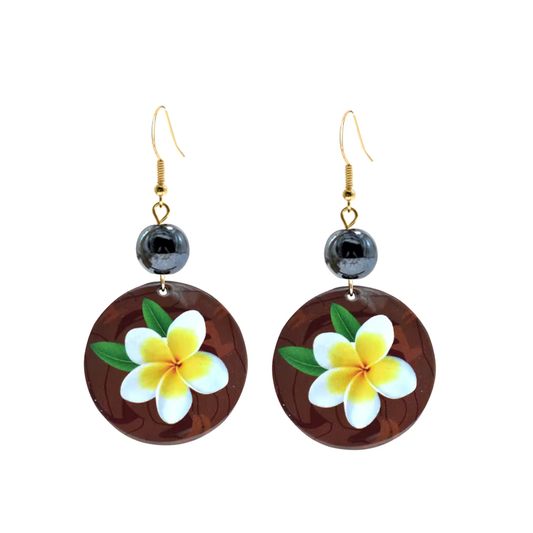 Boho Tropical Plumeria Drop Resin Earrings – Frangipani Flower on Round Tortoise Discs