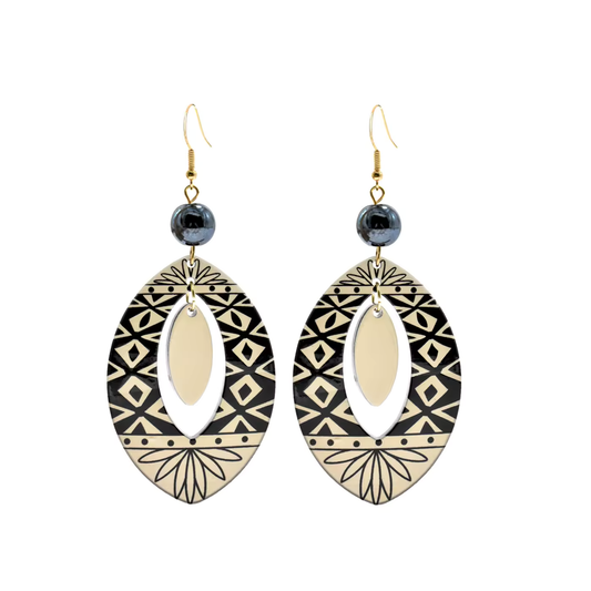 Boho Tribal Oval Drop Resin Earrings - Geometric Pattern & Hematite Bead Accent