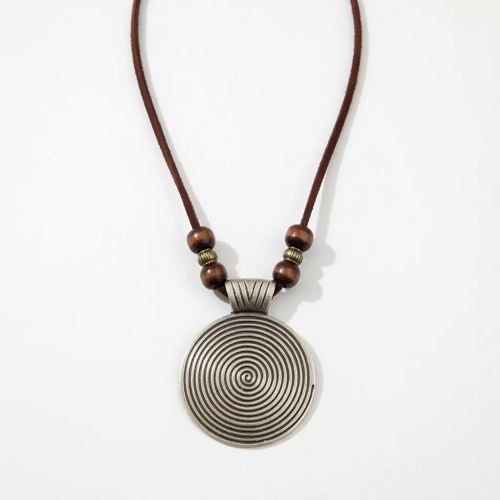 Vintage Style Spiral Boho Necklace – Labyrinth Circle Pendant in Bronze or Silver Tone