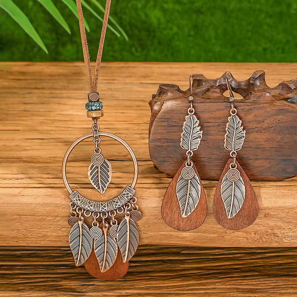 Boho Feather Hoop Jewellery Set – Tribal Feather Necklace & Wooden Drop Earrings (Antique Bronze Plated)