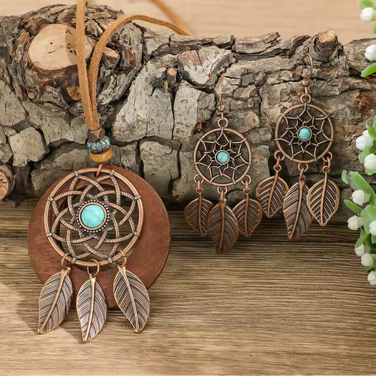 Boho Dreamcatcher Jewellery Set – Turquoise Feather Necklace & Earrings on Leather Cord (Antique Bronze Plated)