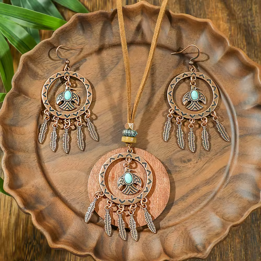 Boho Thunderbird Turquoise Jewellery Set – Feather Dreamcatcher Necklace & Earrings (Antique Bronze Plated)