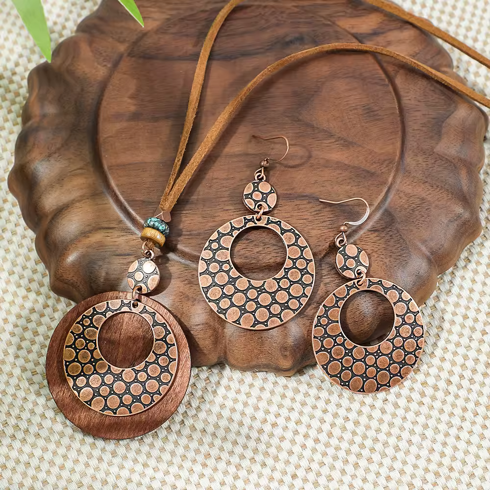 Boho Wooden Dot Circle Jewellery Set – Turquoise Accent Necklace & Drop Earrings (Antique Bronze Plated)