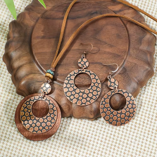 Boho Wooden Dot Circle Jewellery Set – Turquoise Accent Necklace & Drop Earrings (Antique Bronze Plated)