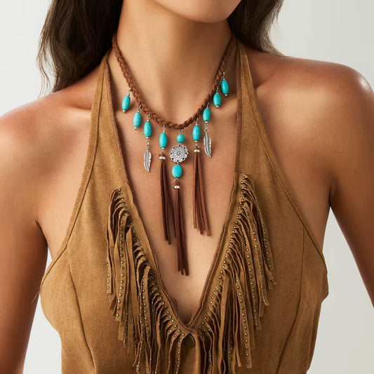 Vintage Style Turquoise Feather Pendant - Woven Rope Tassel Necklace