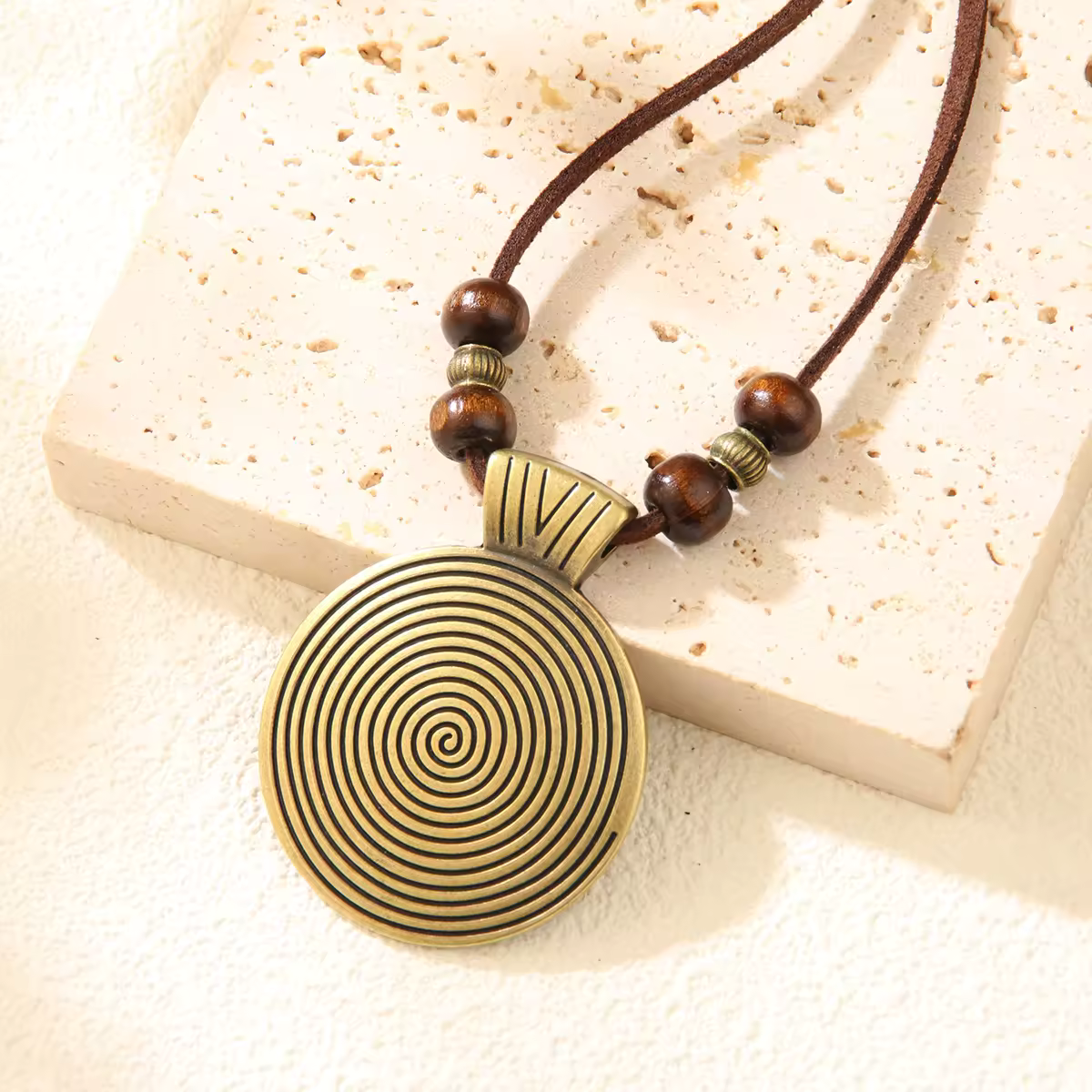 Vintage Style Spiral Boho Necklace – Labyrinth Circle Pendant in Bronze or Silver Tone