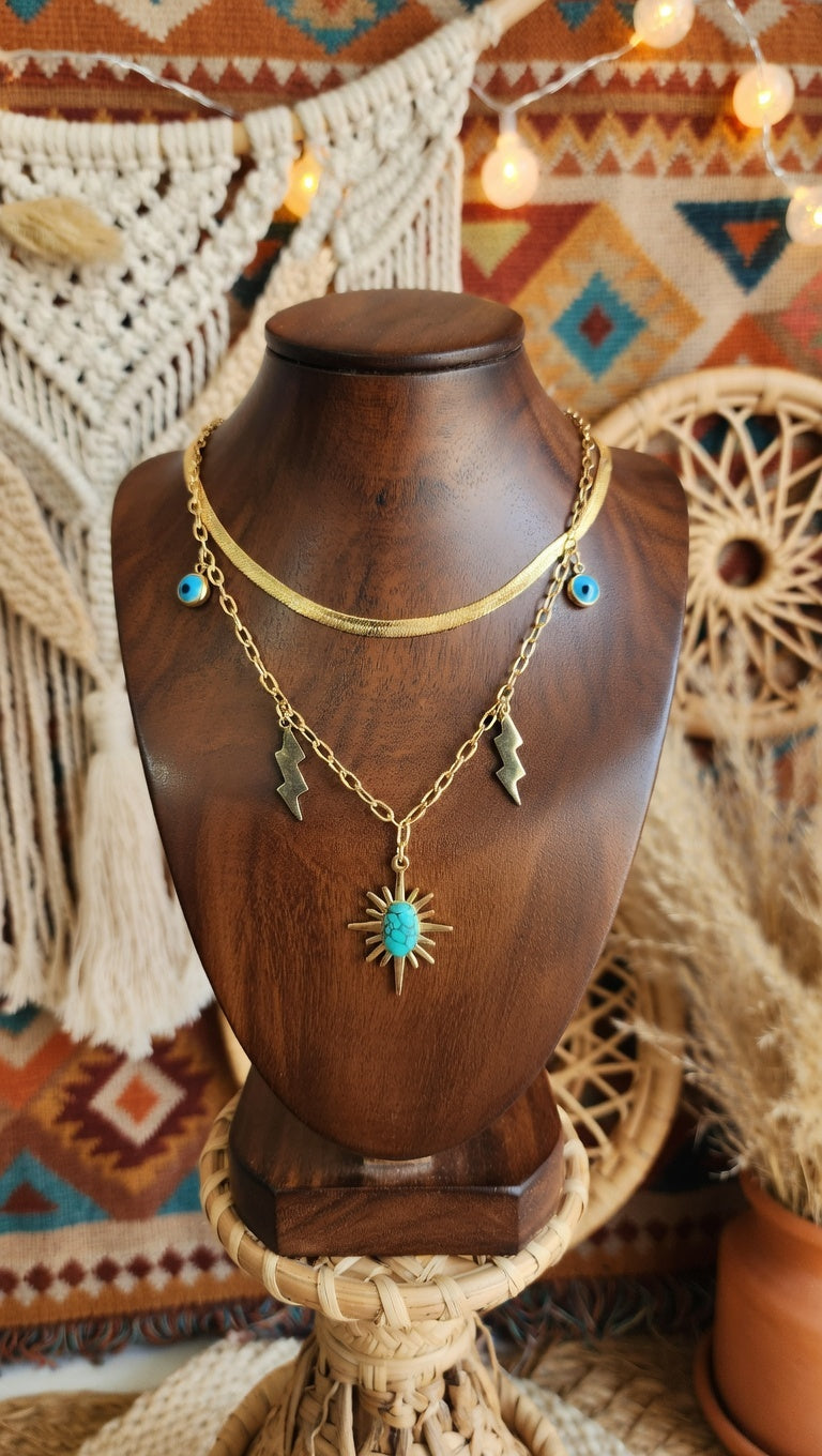 Boho Lightning & Sun Talisman Necklace – Stainless Steel