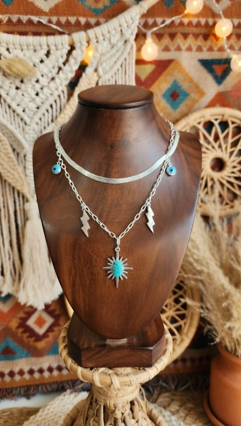 Boho Lightning & Sun Talisman Necklace – Stainless Steel
